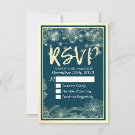 Boda RSVP Responder Flores de oro azules Luces de