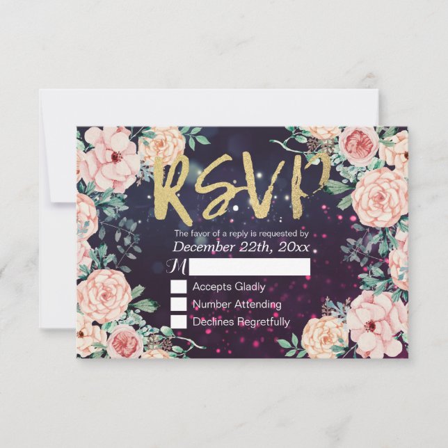 Boda RSVP Responder Moda Floral Purple Gold Script (Anverso)