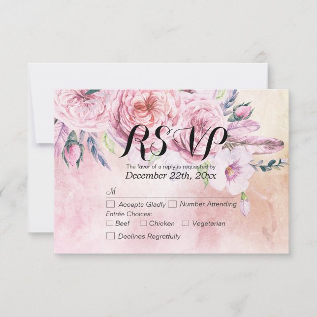 Boda RSVP Responder Watercolor Boho Floral Feather (Anverso)