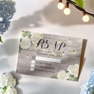 Boda RSVP Rústica Madera Hidrangea Luz de cuerdas