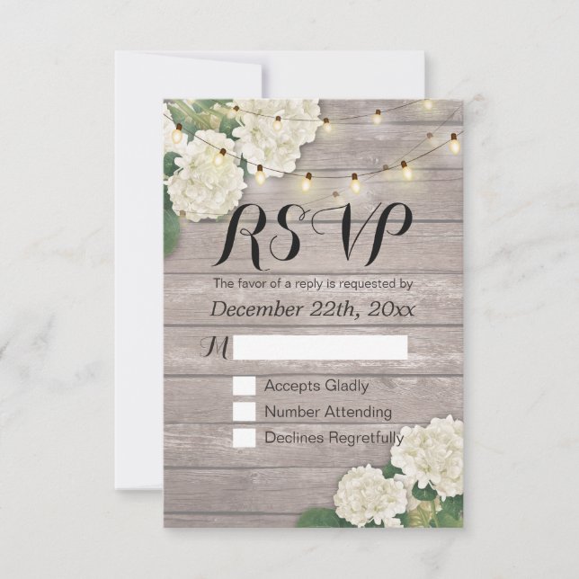 Boda RSVP Rústica Madera Hidrangea Luz de cuerdas (Anverso)
