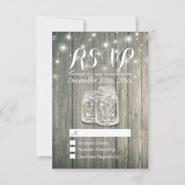 Boda RSVP Rústica Madera y Mason Jar String Lights (Anverso)