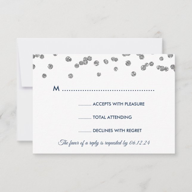 Boda RSVP Silver Faux Purpurina Confetti Navy Blu (Anverso)