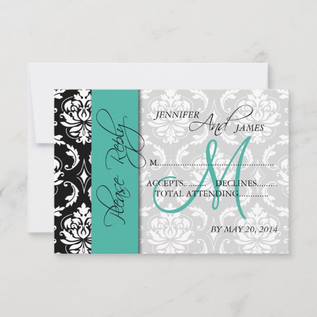 Boda RSVP Tarjeta Damask Turquoise Nombres inicial (Anverso)
