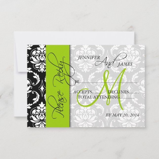 Boda RSVP Tarjetas Damask Monograma Verde (Anverso)