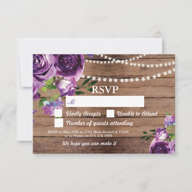 Boda RSVP Tarjetas de Madera Flores Púrpura Invita (Anverso)