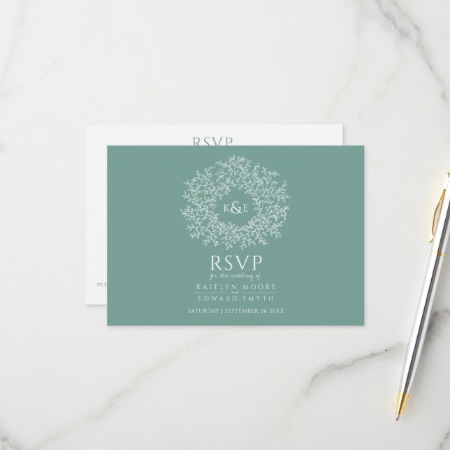Boda RSVP verde de hoja dibujada a mano en monogra (Anverso/Reverso In Situ)