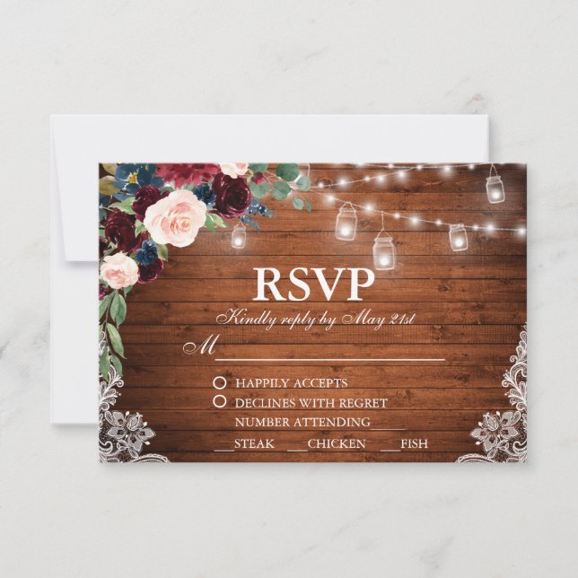 Boda Rustic Wood Burgundy Blue Floral RSVP Comida (Anverso)