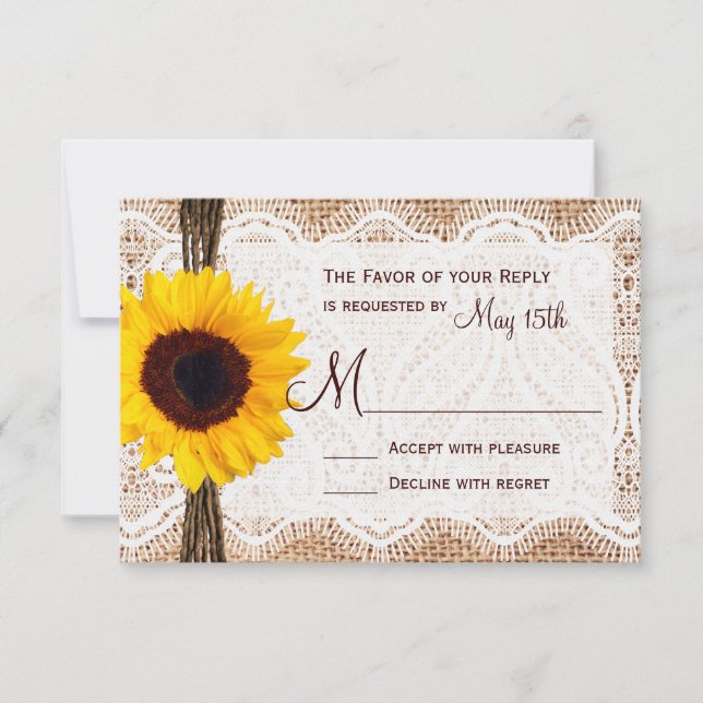 Boda Rústica Burlap Lace Twine Sunflower RSVP (Anverso)