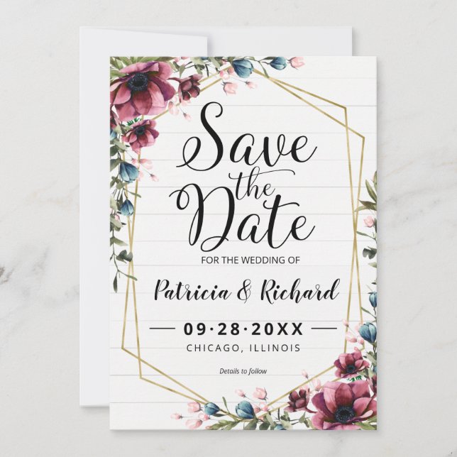 Boda Rústica Chic Burgundy Floral Save The Date (Anverso)