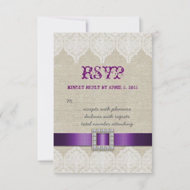 Boda Rústica de encaje blanco RSVP Lino púrpura (Anverso)
