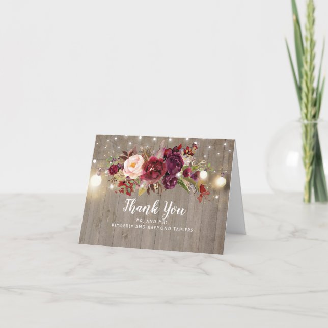 Boda Rústica Floral de Borgoña Agradecimiento (Anverso)