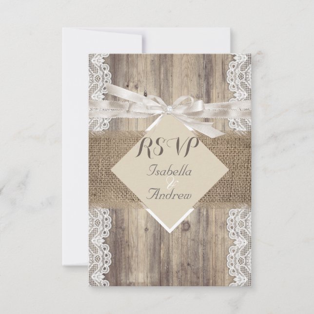 Boda Rústico Beige White Lace Wood RSVP (Anverso)