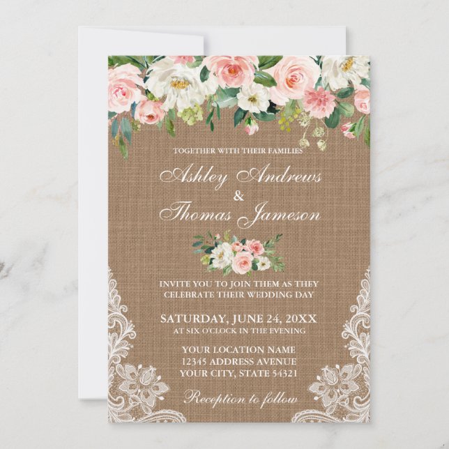 Boda Rústico Burlap Lace Invitación Floral Rosa (Anverso)