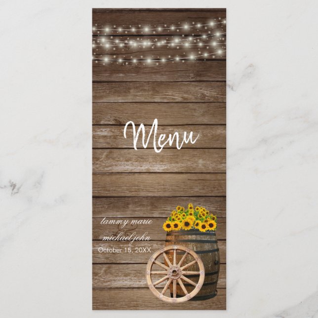 Boda Rústico de barril de madera y girasol - Menú (Anverso)