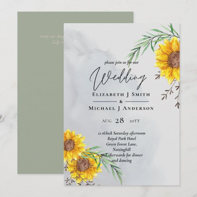 Boda Rústico de los girasoles de oliva (Anverso / Reverso)