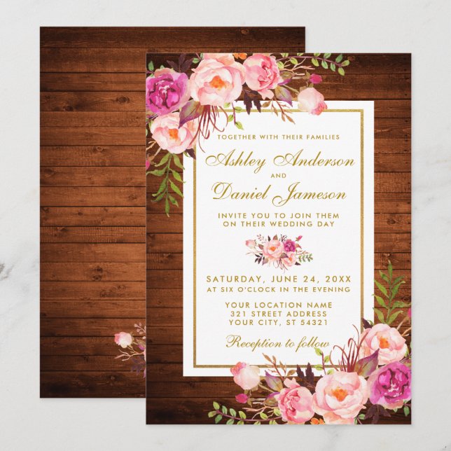 Boda rústico Invitación a la boda con flores rosad (Anverso / Reverso)