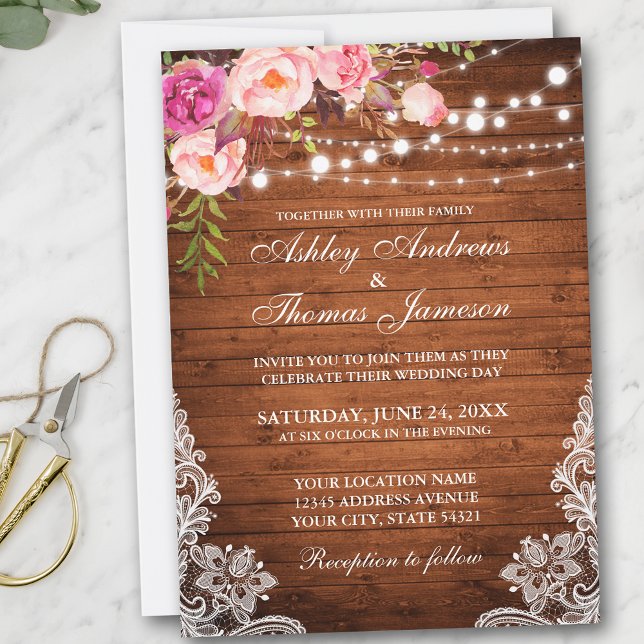 Boda Rústico Madera Ilumina Lazo Floral Invitación (Customize to add more text or photos to back of card.)