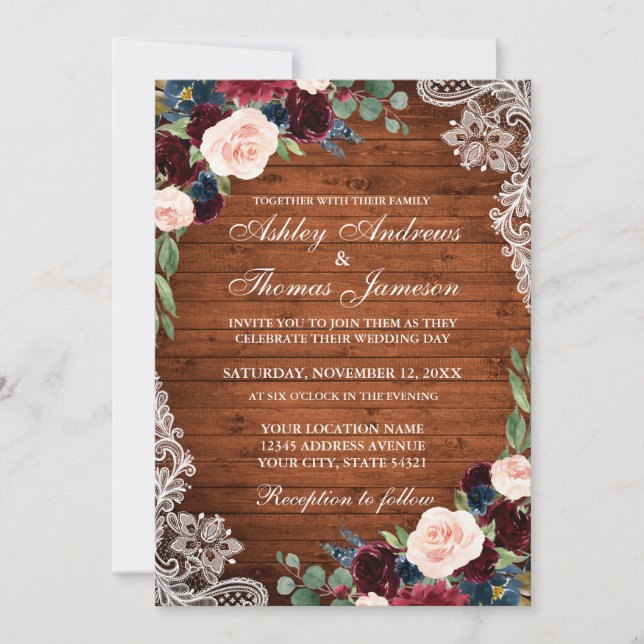 Boda rústico Wood Burgundy Blue Floral Invitación (Anverso)