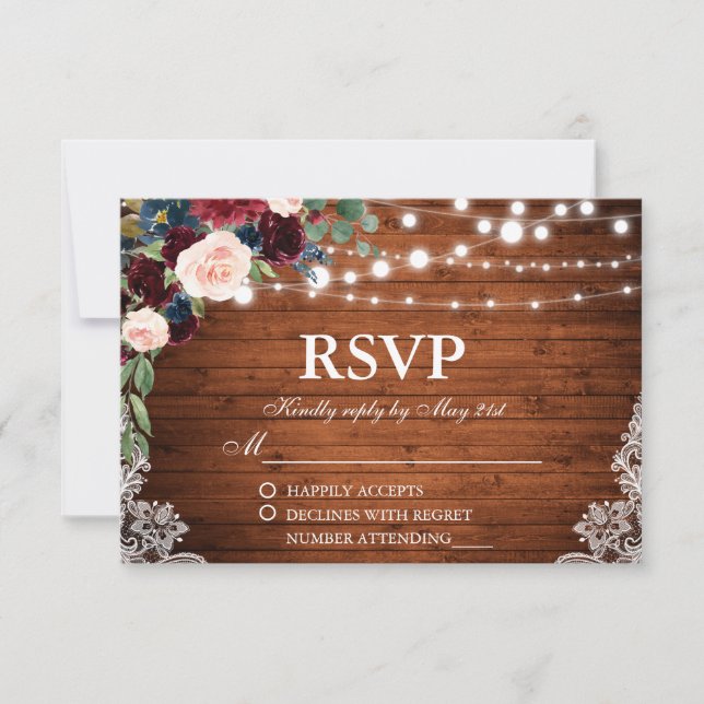 Boda Rústico Wood Burgundy Blue Floral RSVP (Anverso)