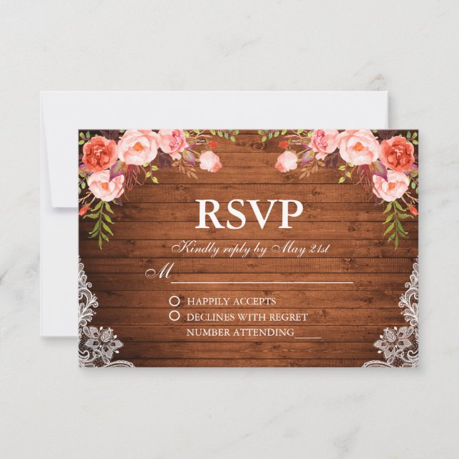 Boda Rústico Wood Coral Floral Lace RSVP (Anverso)