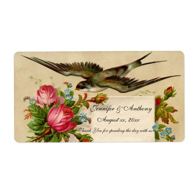 Boda Sello de Vino Pájaro Azul y Rosas (Frente)