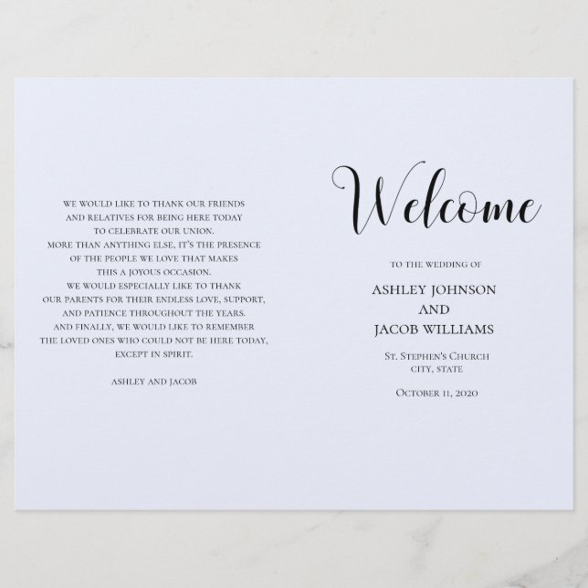Boda simple azul. Programa de tipografía doblado (Anverso)