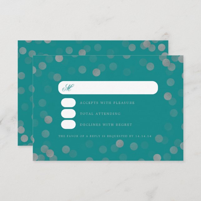 Boda simple Silver Confetti RSVP Verde azulado (Anverso / Reverso)