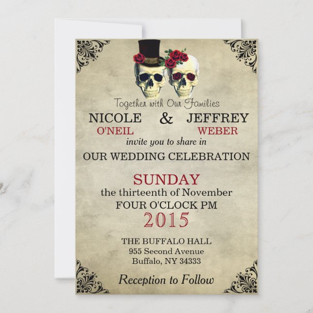 Boda Skeleton Skulls Invitación (Anverso)