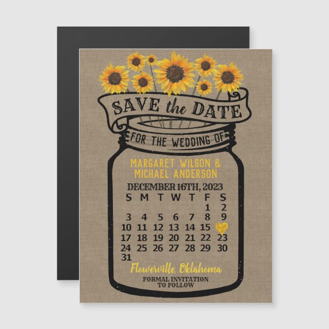 Boda Sunflowers Jar Diciembre 2023 Fecha Magnet (Anverso/Reverso)