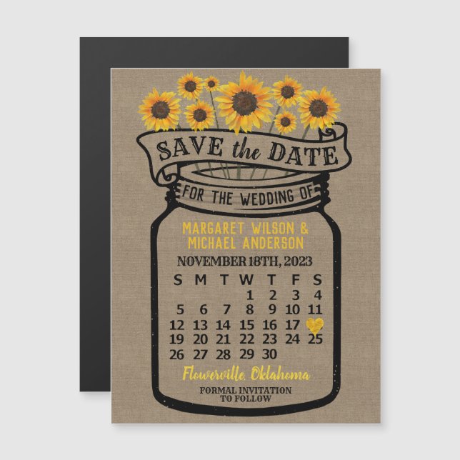Boda Sunflowers Jar Noviembre 2023 Fecha Magnet (Anverso/Reverso)