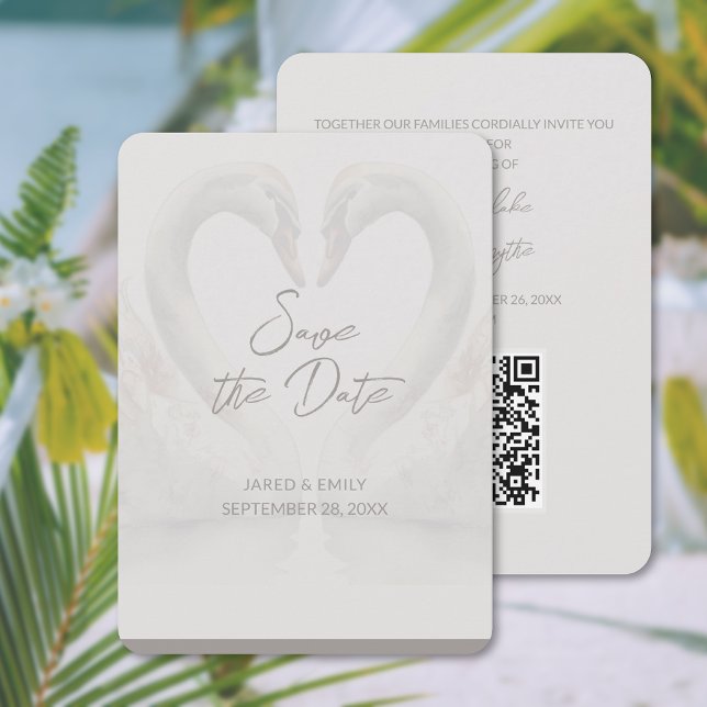 Boda Swan 5x7 Guardar la tarjeta de código QR de f (Swan Wedding 5x7 Save the Date QR Code Card (front and back))