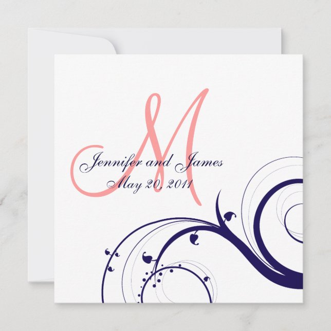 Boda Swirl Invitaciones Navy Coral Azul Rosa (Anverso)