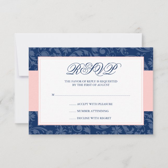 Boda Swirl Navy Blue y Rubor Pink Damask RSVP (Anverso)