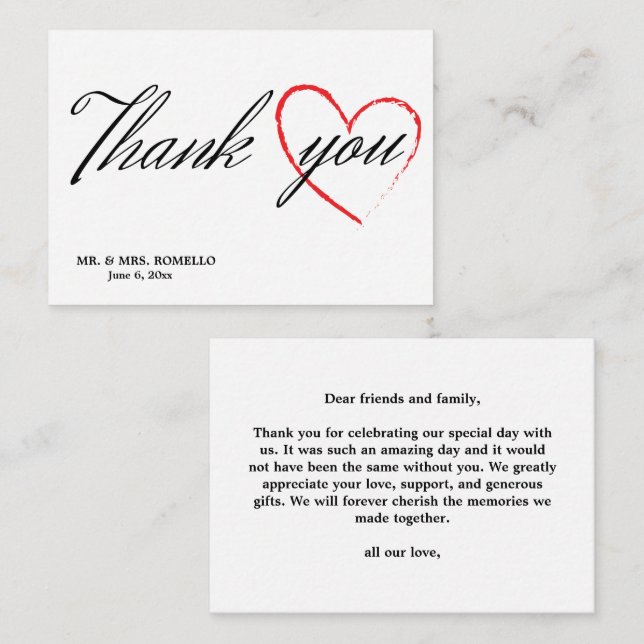 Boda, tarjeta de agradecimiento con corazón (Anverso / Reverso)