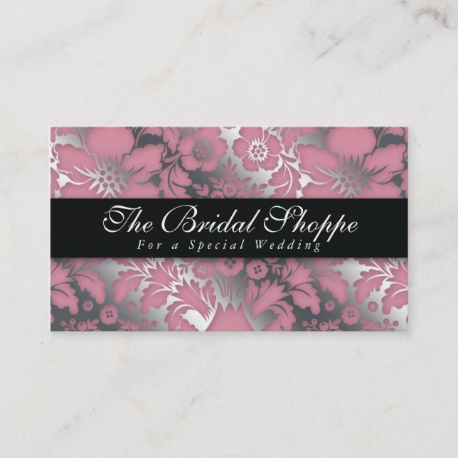 Boda tarjeta de visita Damask Floral Plata rosa (Anverso)