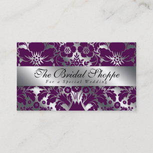 Boda tarjeta de visita Damask Floral Purple Silver