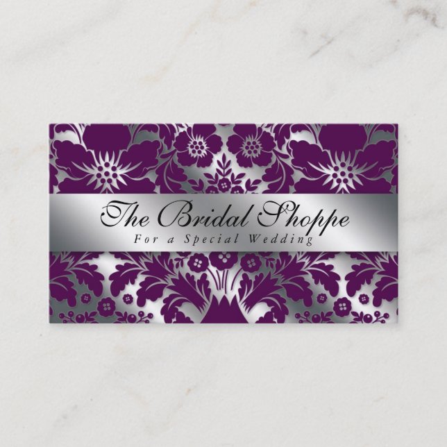 Boda tarjeta de visita Damask Floral Purple Silver (Anverso)