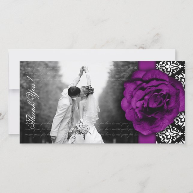 Boda tarjeta fotográfica Rosa púrpura Damask Blanc (Anverso)