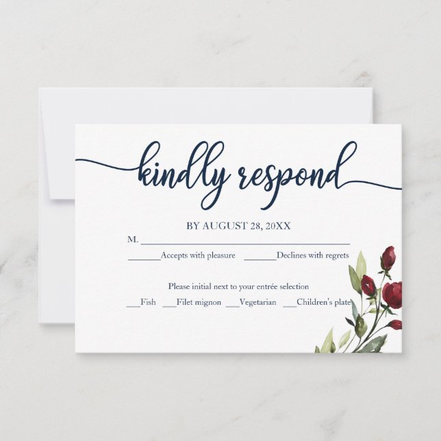 Boda Tarjeta RSVP Floral Azul de la Marina de Borg (Anverso)