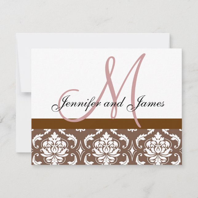 Boda Tarjeta RSVP Monograma de Damasco Rosa Marrón (Anverso)