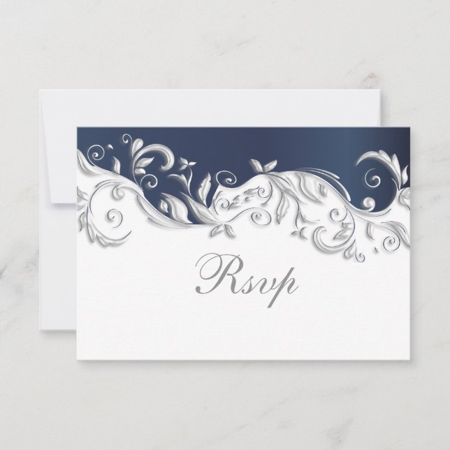 Boda Tarjeta RSVP Navy Floral Azul y Blanco (Anverso)