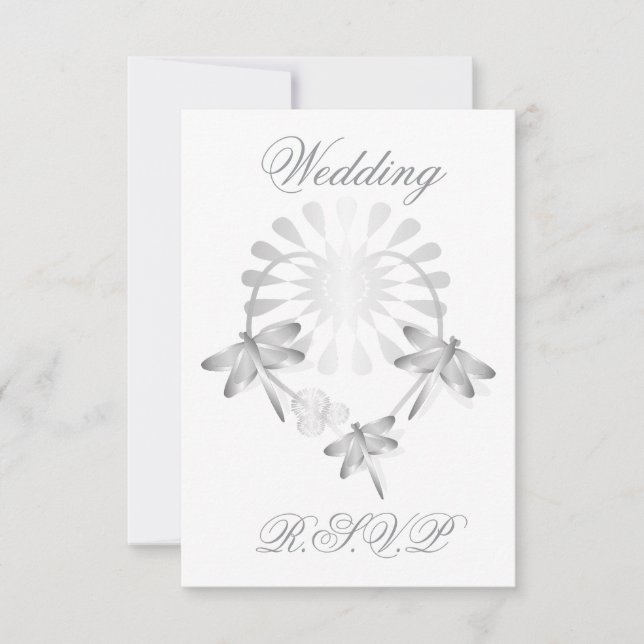 Boda Tarjeta RSVP Plata Dragonflies Corazón (Anverso)