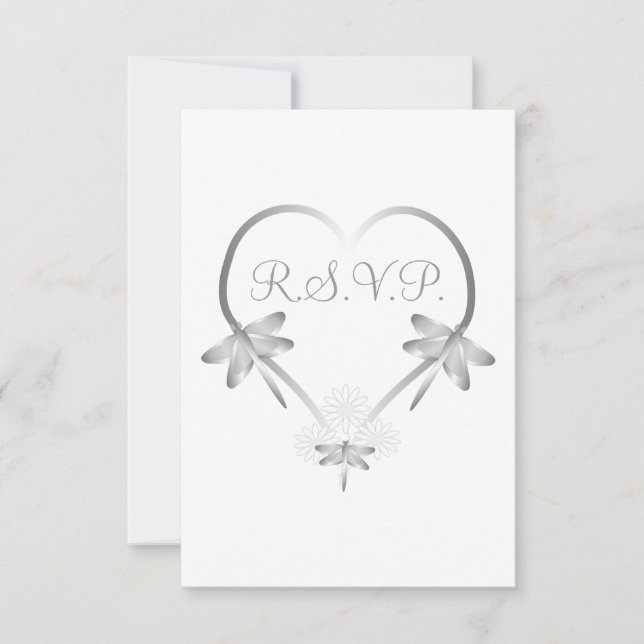 Boda Tarjeta RSVP Plata Dragonflies Corazón (Anverso)