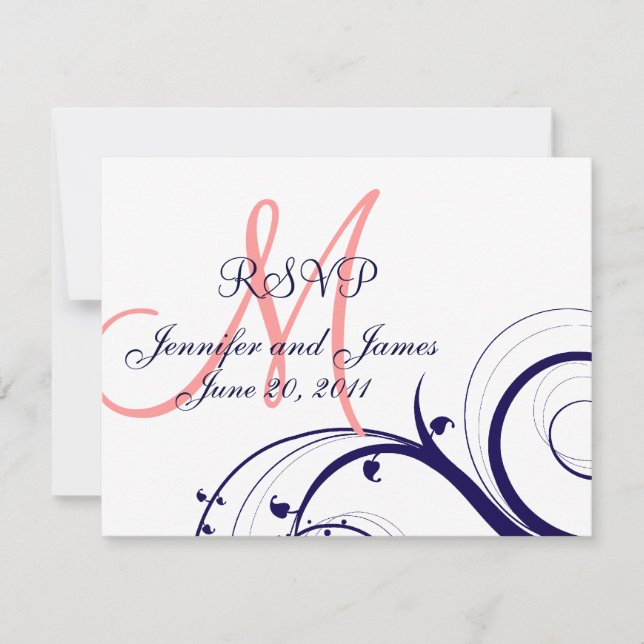 Boda Tarjeta RSVP Swirls Marina Coral Azul Rosa (Anverso)