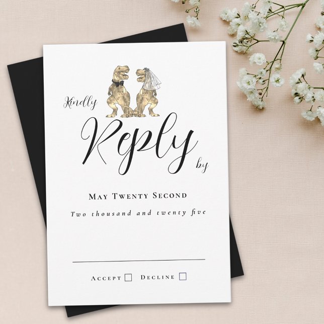 Boda temática de dinosaurios Respuesta en blanco y (Dinosaur theme wedding black and white invitation RSVP card T-Rex bride and groom elegant script)