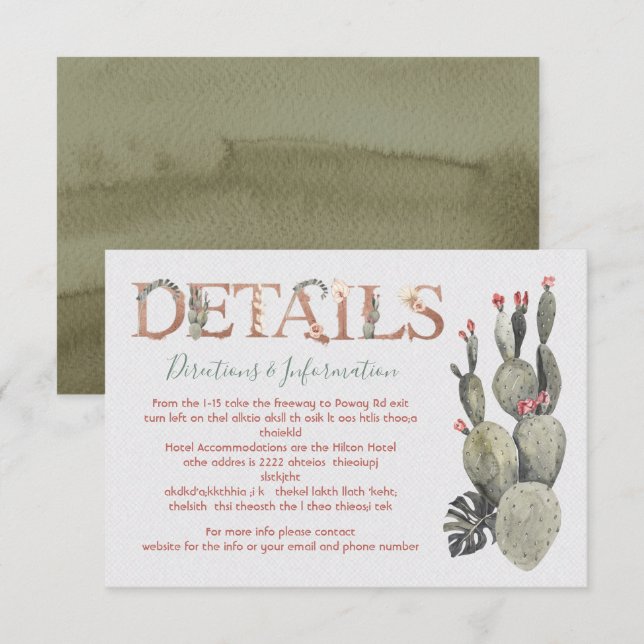 Boda Terracota y Cactus Detalles y tarjeta de info (Anverso / Reverso)