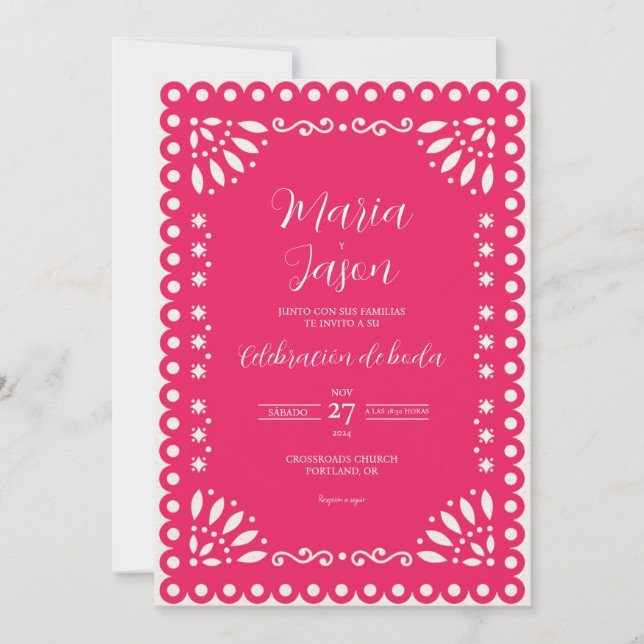 Boda Tradicional de Papel Picado Rosa Invitación d (Anverso)