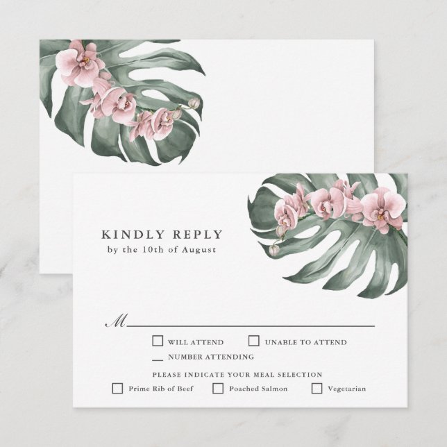 Boda tropical de orquídeas rosadas RSVP con árbole (Anverso / Reverso)