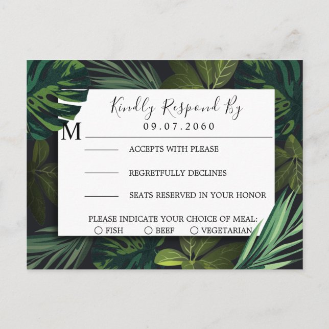 Boda tropical, tarjeta RSVP de vegetación tropical (Anverso)
